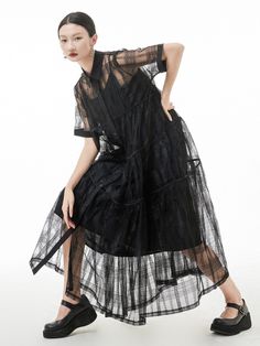 [EAM] Women Black Lace Hollow Out Big Size Two-piece Suit New Lapel Neck Short Sleeve Fashion Tide Midi Short Sleeve Dress, Plaid Fashion, Midi Shirt Dress, White Midi Dress, Solid Dress, Black Midi Dress, Half Sleeves, High Low Dress, Dress Skirt