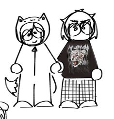 a drawing of two people with one cat and the other is wearing a t - shirt