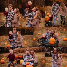 the family is posing for pictures with pumpkins in their hands and holding on to each other