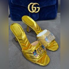 Brand New In Box Size 39 Gold Chevron Matelass Leather Gold-Toned Hardware Double G Leather Sole Mid-Heel 3" Heel Height Comes In Original Box With Dust Bag Ig:@Theladyandthedeal #Gucci #Guccishoes #Guccisandals Gucci Platform Sandals, Gucci Flip Flops, Gucci Sandals, Shoes Gucci, Gold Chevron, Kitten Heel Sandals, Leather Thong Sandals, Leather Slide Sandals, Gucci Leather