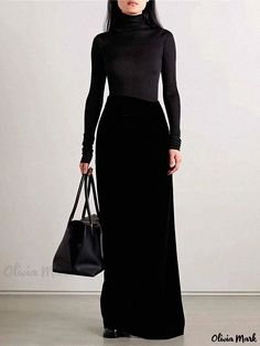 Olivia Mark - High-Waisted Velvet Maxi Pencil Skirt in Black - Slim Fit Midi Skirt Fitted Midi Skirt, Maxi Pencil Skirt, Velvet Maxi, Wrap Around Skirt, Types Of Skirts, Pencil Skirt, Midi Skirt, Pencil, Slim Fit