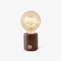 a light bulb that is on top of a wooden stand with the words,'good luck