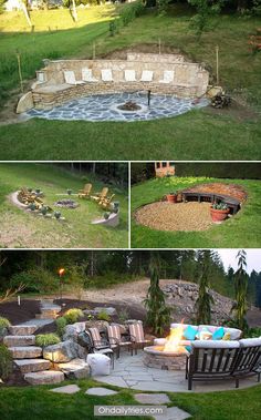 an outdoor fire pit surrounded by lawn furniture