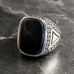 Men Silver Square Black Onyx Gemstone Ring , Silver Black Zircon Stone Ring , 925K Sterling Silver Ring , Handmade Vintage Style , Gift For Him , Same Day For Shipping ✧ Product Details * Handmade İtem * Gender : Male / Female * Material : 925K Sterling Silver * Ring Weight : 10.5 Gram * Gemstone Type : Black Onyx ✔ Usage Details * Silver jewelry is very sensitive to chemicals. It is recommended to keep away from chemical substances such as cream, bleach, deodorant, detergent. * Silver jewelry can also darken quickly in salt water, that is, in sea water. For this reason, it is best to remove them when swimming in the sea. ✔ Shipping * Your orders placed on weekdays are delivered to the cargo on the same day. Your orders placed on the weekend are delivered to the cargo on Monday. ✔ Other De Luxury Black Sterling Silver Ring, Black Enamel Sterling Silver Signet Ring, Black Sterling Silver Signet Ring With Polished Finish, Classic Black Jewelry With Stone Setting, Black Sterling Silver Signet Ring 925 Stamped, Black Sterling Silver Signet Ring Stamped 925, Luxury Black Signet Ring Stamped 925, Elegant Black Signet Ring Stamped 925, Stone Rings For Men