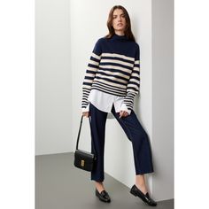 Off-white stripe (70% Acrylic, 30% Wool). Sweater. Long sleeves. Turtleneck. Pull on. 3" sleeves slits. Imported. Chic Sweater With Striped Sleeves, Chic Striped Sweater For Spring, Chic Long Sleeve Sweater With Contrast Stripes, Chic Fall Sweater With Contrast Stripes, Chic Fall Sweater With Striped Collar, White Sweater With Contrast Stripes For Spring, White Striped Sweater For Spring, Chic White Sweater With Contrast Stripes, Casual Workwear Sweater With Striped Collar