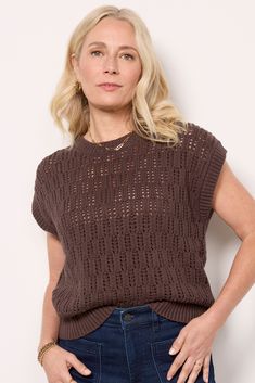 Elevate your summer-to-fall wardrobe with the Sima Pullover by EVEREVE. This open-knit sweater features a sleeveless silhouette, crew neckline, and ribbed trim. Pair with blue or white denim for the perfect transitional look. Note: This sweater is unlined. Cami not included. Crew Neck Pointelle Knit Top For Layering, Pointelle Knit Crew Neck Sweater Vest, Casual Open Knit Tank Top For Fall, Sleeveless Open Knit Tops For Fall, Spring Open Knit Crew Neck Sweater Vest, Spring Sweater Vest With Knit Fabrication Crew Neck, Spring Crew Neck Open Knit Sweater Vest, Crew Neck Open Knit Sweater Vest For Spring, Spring Crew Neck Knit Sweater Vest