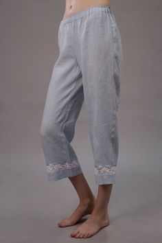 Lovely cropped length pajama trouser from pure linen.At bottom inserted delicate cotton lace decor and  attached satin tape at lace edge.Cool and nice pajama trouser for your rest.Trouser inside seam length - 62cm (24.5")Linen fabric is prewashed and softened - doesn't shrink any more.This trouser you can wear as a set with next pajama top:www.etsy.com/listing/171538279/pure-linen-pajama-top-kimono?For this item i recommend handwashing machine program with gentle detergents and no bleachers. Iro Linen Cropped Leg Loungewear Pants, Linen Cropped Lounge Pants, Linen Cropped Leg Pants For Loungewear, Linen Cropped Pants For Loungewear, Linen Capri Length Pants For Spring, Spring Linen Capri Pants, Spring Linen Capri-length Pants, Spring Linen Capri Length Pants, Flax Colored Loungewear Bottoms For Spring