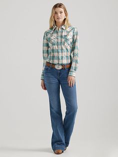 CASUAL, CUTE, AND RODEO-READY Casual, cute, and rodeo ready! This women's plaid western snap shirt will add a pop of color to your current rotation. This slim fit shirt comes with all the traditional details you know and love, including pointed yokes from front to back, chest pockets with flaps and snaps, a full pearl snap closure, and snaps at the cuffs. Wrangler Women, Slim Fit Shirt, Womens Plaid, Women's Tops, Rodeo, Snap Closure, Color Pop, Womens Shirts, Slim Fit