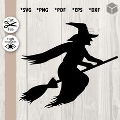 a silhouette of a witch flying on a broom with the words svg cut file