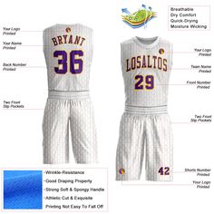 Custom White Purple-Gold Round Neck Sublimation Basketball Suit Jersey White Sleeveless Sublimation Design For Team Events, White Sleeveless College Jersey, White Sleeveless Moisture-wicking Jersey, White Basketball Jersey For Sports Season, White Sleeveless Jersey For Game Day, White Sleeveless Sports Jersey, Custom Basketball Jersey, Blue Football, Custom Basketball