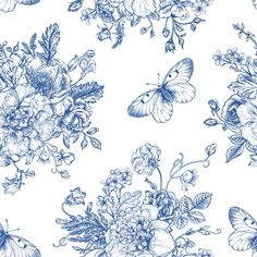 a blue and white floral pattern with butterflies