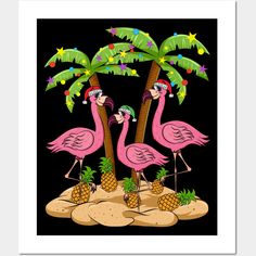 two pink flamingos are standing in the sand with pineapples and palm trees