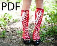 a woman wearing red boots with white laces on them and the words pddf above her legs