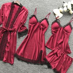 Season:Summer,Spring; Fabric:Polyester; Sleeve Length:Long Sleeve,Short Pant; Gender:Women's; Quantity:4 Pieces; Nightwear Style:Pajamas,Sets; Style:Casual,Simple,Soft; Elasticity:Micro-elastic; Tops Type:Robe Top; Occasion:Daily,Home,Bed; Age Group:Adults; Function:Breathable; Pattern:Pure Color; Design:Elastic Waist; Neckline:V Wire; Bottom Type:Shorts; Listing Date:04/04/2023; Length:; Length [Bottom]:; Length [Top]:; Waist:; Bust: Wedding Sleepwear, Satin Pyjamas, Spa Days, Pyjama Satin, Silk Pajama, Satin Sleepwear, Lingerie Party, Pajamas Sets, Silk Pajama Set