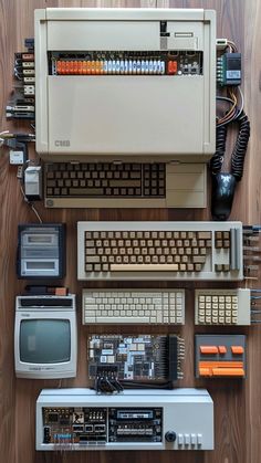 an old computer and other electronic equipment are arranged on a wooden surface, top view