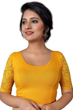 Product Features: Blouse Color: yellow Blouse Fabric: Cotton Lycra Blend Blouse Work: Solid Blouse Closure: Stretchable Blouse Type: Non-Padded Blouse Sleeves Type: Elbow Sleeves Blouse Neck Type: Round Neck Product type: Saree Blouse Occasion: Partywear Disclaimer: There will be slight difference in digital to actual image Long Sleeve Saree Blouse, Stretchable Blouse, Designer Blouses Online, Blouse Design Images, Saree Blouse Patterns, Readymade Saree, Indian Blouse, Velvet Blouses, Readymade Blouse