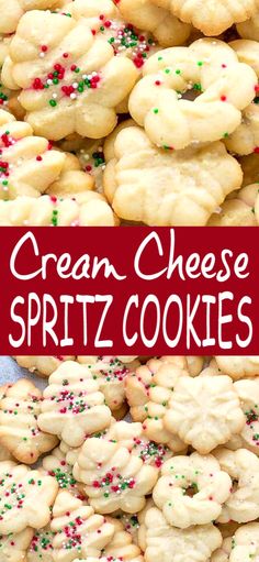 cream cheese spritz cookies are stacked on top of each other