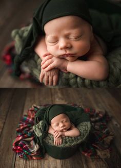 a baby sleeping in a green hat on top of a blanket