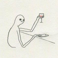 a drawing of a person holding a wine glass in one hand and a laptop on the other