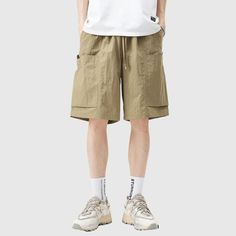 Material: 100% NylonFeatures: Shorts, cargo pants, Japanese style, vintage, side pocket, buckle belt, drawstring waist, solid color, straight-leg, relaxed fit, unisex, couple outfits.Style: Casual, college, streetwear