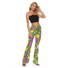 Flare Pants, 70s Hippie Pants, Floral Pants, Wide Leg Pants, Green Flare Pants,Retro Pants,70s style Pants,Wide Leg Yoga Pants,Mod 60s pants Custom made and hand sewn to order. **Size up since these runs small. I wanted to create a hippie floral wide leg pants style since I seldom see this style in this print. Wide waist band. Hip Flare bottom pants style. Fun for everyday wear or yoga. Perfect with platform heels or chunky high heels. ● Fabric:Micro Fiber(95% Polyester and 5% Spandex) ● Slim fi Vintage Non-stretch Wide Leg Pants, High Waist Hippie Pants For Spring, Retro Wide Leg Bottoms For Spring, 70s Inspired High Waist Bottoms For Spring, Retro Wide Leg Pants For Spring, Retro Non-stretch Trousers, Spring Retro Stretch Wide Leg Pants, Retro Stretch Wide Leg Pants For Spring, High Waist 70s Inspired Pants For Spring