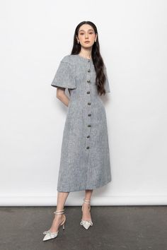 Tweed Midi Dress, Tweed Material, Mean Blvd, Calf Length Skirts, Fancy Buttons, Calf Length Dress, Grey Background, Professional Outfits, Button Design