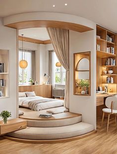 a bedroom with a spiral bed and wooden shelves in the corner next to a desk