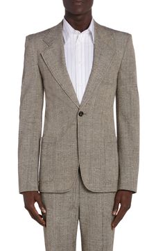 This single-button suit jacket with crisp notched lapels is crafted in Italy from a textured, silk-kissed melange fabric colored in neutral hues. 32 1/2" length (size 40) One-button closure Notched lapels Chest patch pocket; front patch pockets Functional three-button cuffs Back vent Partially lined 62% viscose, 38% silk Dry clean Made in Italy Designer Clothing Designer Single Button Blazer With Suit Collar, Designer Single Breasted Suit With Notch Lapel, Designer Single Button Blazer With Lapel Collar, Designer Single Breasted Blazer With Notch Lapel, Designer Single-breasted Semi-formal Blazer, Designer Tailored Blazer With Single Button, Designer Tailored Single Button Sport Coat, Designer Tailored Single Button Blazer, Luxury Single Breasted Tweed Jacket With Notch Lapel