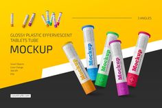 four tubes of toothpaste on a yellow and black background with the words mockup