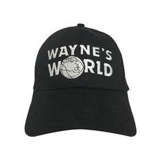 a black hat with the words wayne's world on it and a white globe