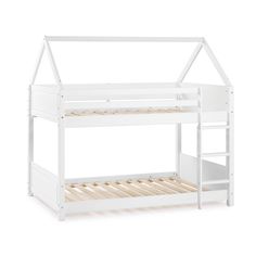 a white bunk bed with wooden slats on the bottom and bottom level, in front of a white background