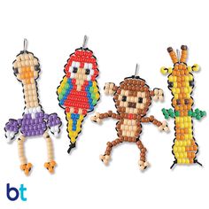 three wooden beaded toys are hanging from strings