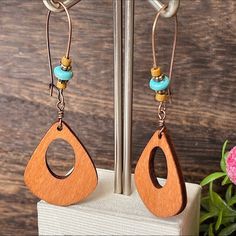 Unique Earrings This Is For 1 Pair Wooden Earrings Rounded Triangular Shape Open Center Long Hanging Boho Chic Long Dangling Earrings Colors: Tan, Turquoise Blue Size: Approximately 2 3/4” From The Top Of The Hoop To Bottom Wooden Earrings Rounded Triangular Open Center Long Hanging Boho Earrings Unique Fun Different Open Center Wooden Hanging Boho Earrings Sift Modern Flair Funky Wood Hanging Parties Vacations Photo Shoots Pictures Out With Friends Bohemian Brown Pierced Hoop Earrings, Brown Teardrop Jewelry For Everyday Wear, Brown Teardrop Jewelry For Everyday, Brown Teardrop Everyday Jewelry, Artisan Brown Earrings For Everyday Wear, Adjustable Brown Drop Earrings, Artisan Brown Earrings For Everyday, Artisan Brown Teardrop Earrings, Bohemian Teardrop Earrings For Everyday