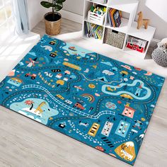 a child's play area with blue rugs and toys