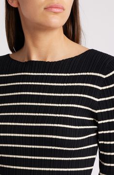 Lively stripes add eye-catching appeal to this close-fitting top textured in allover ribbing. 22" length Boat neck Long sleeves 65% polyester, 35% polyamide Machine wash, line dry Imported Vertical Striped Fitted Tops, Fitted Horizontal Stripe Spring Top, Fitted Black Top With Vertical Stripes, Fitted Vertical Stripes Top For Fall, Fitted Tops With Vertical Stripes For Fall, Chic Striped Ribbed Tops, Chic Fitted Top With Contrast Stripes, Chic Fitted Tops With Contrast Stripes, Fitted Horizontal Stripe Crew Neck Top