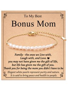 PRICES MAY VARY. [Gifts for Bonus Mom] - You must love your bonus mom very much, and give her a present to show your gratitude! Every time she wears the bracelet, she will feel your love and the close bond between you and her. "DNA doesn't make our family, laugh and love does" [Bonus Mom Bracelet] - Artificial pearl bracelet is a classic fashion accessory, white pearls also symbolize health and happiness. The Bracelet comes with a meaningful gift card, all items are packed in a bag. Great gifts Meaningful Jewelry For Birthday Gifts, Adjustable Bracelets For Birthday And Mother's Day, White Jewelry Gift For Father's Day, White Jewelry For Father's Day Gift, White Jewelry For Mother's Day, Mother's Day Jewelry Gift With Message Card, Inspirational Wedding Jewelry For Mother's Day, Inspirational White Jewelry For Gifts, Inspirational Wedding Jewelry