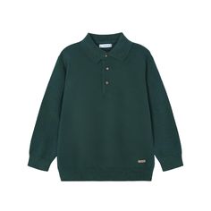 Alpine green polo shirt for boys by Mayoral, knitted in a soft cotton and wool blend. This timeless design has a pointed collar, long sleeves and button fastenings on the front. Knitted Collared Polo Sweater For Fall, Green Collared Sweater For Fall, Classic Long Sleeve Knitted Polo Sweater, Classic Green Sweater With Ribbed Collar, Classic Green Long Sleeve Sweater, Classic Green Wool Sweater, Green Long Sleeve Polo Sweater For Winter, Classic Green Knitted Sweater, Green Wool Sweater With Ribbed Collar