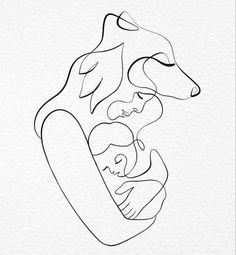 a black and white drawing of a mother holding her baby