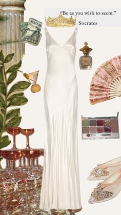 a woman in a white dress and accessories