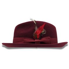 Montique Burgundy 2 1/4" Brim Beaver Look Felt Hat H-81 Brim Size 2 1/4" Feather Accent Matching Grossgrain Ribbon Beaver Look Wool Pinch Crown Felt Hat Velcro Size Adjuster Size XL is an additional $5 Elegant Flat Bill Felt Hat For Kentucky Derby, Elegant Kentucky Derby Felt Hat With Flat Bill, Formal Flat Bill Felt Hat For Kentucky Derby, Fitted Burgundy Fedora Hat, Elegant Fitted Felt Hat With Flat Bill, Elegant Burgundy Hat For Winter, Classic Red Top Hat With Flat Brim, Vintage Fedora For Kentucky Derby With Flat Bill, Burgundy Short Brim Hat For Kentucky Derby