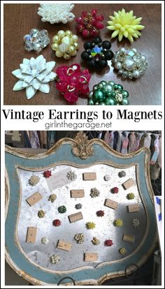 vintage earrings to magnets are displayed on an antique tray with text overlay that reads, vintage earrings to magnets