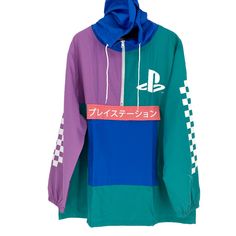 Title: Playstation Bioworld Pastel Colorblock Checkered Long Sleeve Hooded Windbreaker Brand: Sony Playstation Description: Get Ready And Press Play On This Playstation Bioworld Windbreaker For Gaming Meets Streetwear Apparel. The Sony Playstation Bioworld Windbreaker Has An Attached, Blue Hood With White Drawstring Closure, Partial Zip Front Closure, Oversized Front Zipped Pocket With Colorblock Purple And Green Sleeves. The Checkerboard Pattern Is Printed On The Side Of Each Sleeve. The Playst Purple Hoodie With Pockets For Streetwear, Purple Hooded Hoodie With Pockets, Multicolor Hooded Windbreaker For Streetwear, Hooded Multicolor Windbreaker For Streetwear, Multicolor Hooded Streetwear Outerwear, Multicolor Hooded Outerwear For Streetwear, Multicolor Streetwear Outerwear With Adjustable Hood, Purple Drawstring Hood Outerwear For Streetwear, Purple Streetwear Outerwear With Drawstring Hood