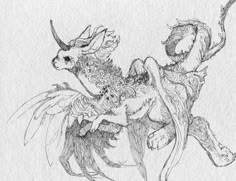 an ink drawing of two people riding on the back of a horse with horns and wings