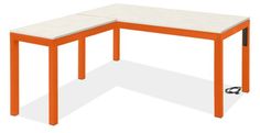 an orange and white desk with two sections on each side that are connected to one another