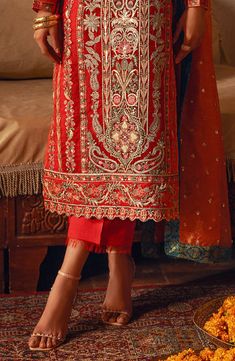 Orange Red Elegant Pakistani Salwar Kameez Embroidered Suit is beautiful ensemble designed with modern round cuts and Subtle embroidery on Kameez and Dupatta. Eid 2024, Pakistani Sharara, Tissue Dupatta, Subtle Embroidery, Embroidered Suit, Pakistani Salwar, Organza Sleeves, Pakistani Lawn Suits, Salwar Kameez Online