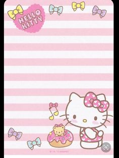 hello kitty wallpaper with pink and white stripes, cupcakes and bows on it