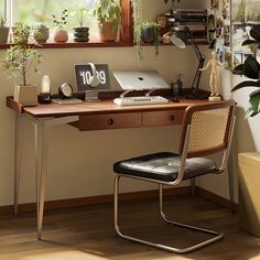 a home office with plants on the desk