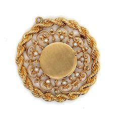 "Vintage 14K Yellow Gold Unique Large Gold Locket with Pearls and Filigree and Rope Frame Pendant Charm. The locket measures about 3/4\" and has a brushed finish cover. There are 9 pearls that measure about 2mm surrounding the locket set in prongs and with a beautiful filigree design. The pendant is finished with a 4mm solid gold rope edge, and the overall measurement of the pendant is about 1.66\". Weight: 22.42 grams" Heirloom Yellow Gold Bracelet With Filigree, Heirloom Yellow Gold Filigree Bracelet, Ceremonial Gold Jewelry With Screw Back, Ornate Hallmarked Yellow Gold Bracelet, Victorian Gold Bracelet With Intricate Design, Heirloom Gold Bracelet Hallmarked, Victorian Yellow Gold Jewelry With Screw Back, Antique Yellow Gold Bracelet For Wedding, Victorian Filigree Bracelets In Yellow Gold