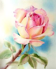 a painting of a pink rose with green leaves