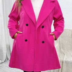 Plus Sz Hot Pink Lapel Neck Double Breasted Overcoat 100% Polyester Pink Wool Coat, Poncho Coat Cape, Double Breasted Overcoat, Black Jean Jacket, Winter Puffer Coat, Plaid Poncho, Silk Jacket, Vintage Blazer, Double Breasted Coat